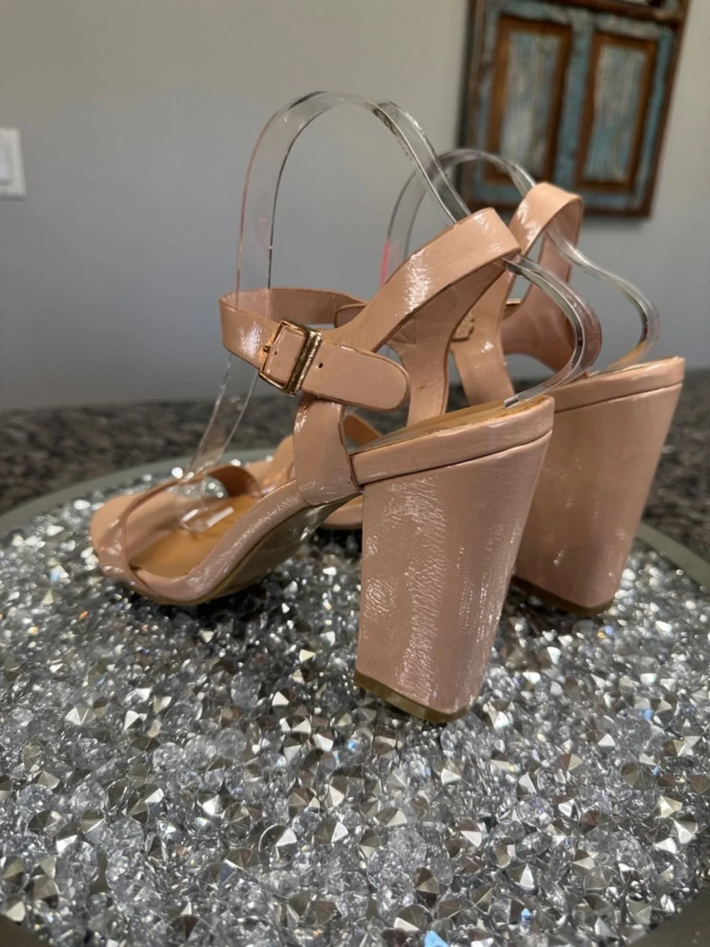 BAMBOO Nude Patent Block Heel Sandals 11